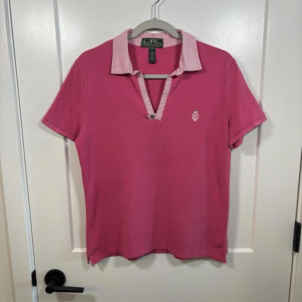 Vintage Y2K Ralph Lauren Womens Large Babydoll Crest Collared Polo Shirt Pink RL